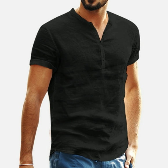 BADHUB Linen Shirt for Men Casual Short Sleeve Button Henley Shirts Solid Color Summer Beach Vacation Tops with Pocket Father's Day Gift Idea