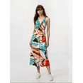 thumbnail image 3 of Women's Ruffled Neckline Tropical Palm Tree Print Midi Dress, White, Medum, 3 of 5
