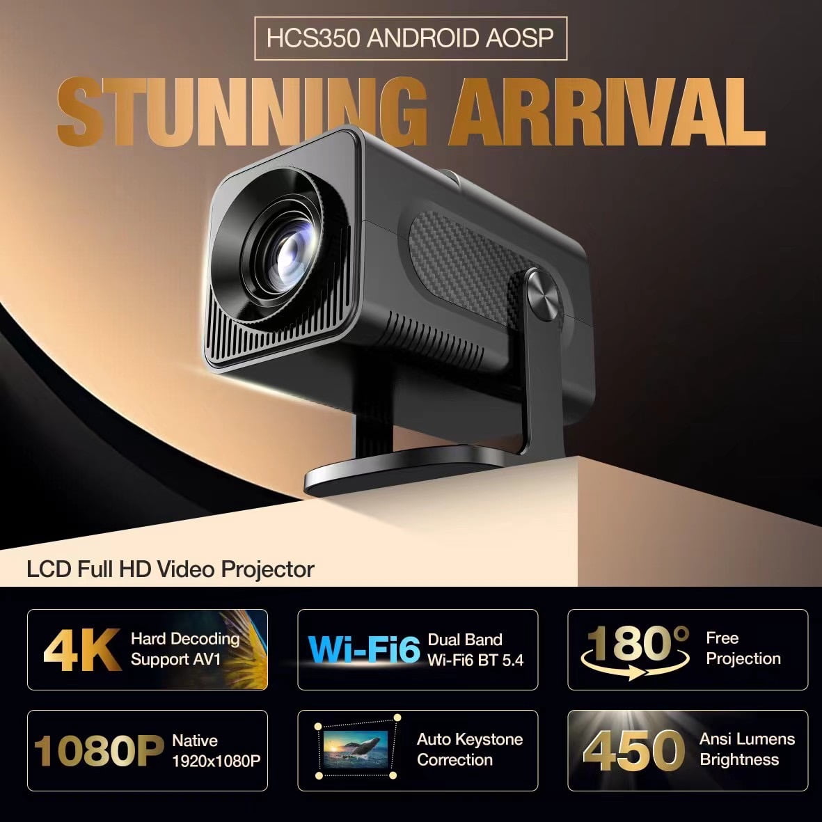 1080P Mini Game Video Projector 4K with WiFi 6, Bluetooth 5.4, Android 11, Auto Keystone, 180° Adjustable Stand for Home Theater/Play Games