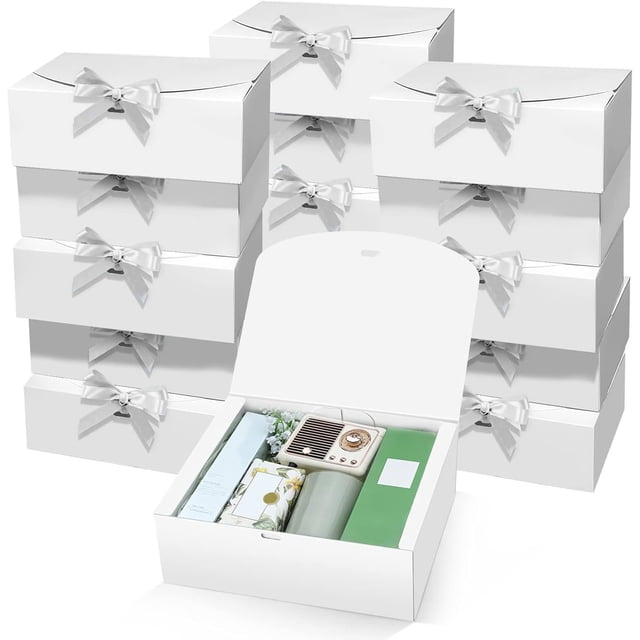 Caja de Regalo Blancas para Fiestas con Cintas Plata | Cajas de Regalo de Papel Kraft | Ideal para Bodas, Navidad, Halloween, Cumpleaños y Eventos Fiestas (Blancas)