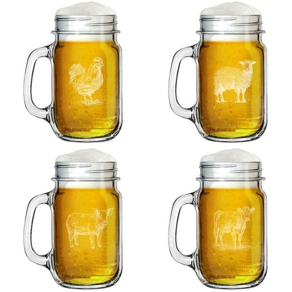 16oz Mason Jar Glass Mug w/Handle Gift Set of 4 Farm Animals Collection