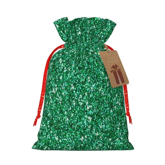 Naloa Green Glitter Drawstring Christmas Bags, 3D Xmas Gift Bags, Christmas Wrapping Bags, Xmas Goodie Bags, Treat Pouch Bags, Party Favor Bags-Small
