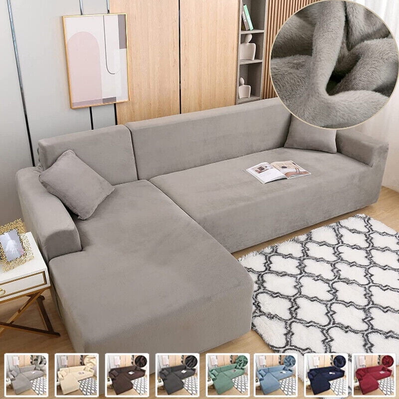 JIAN YA NA Sectional Sofa Slipcovers L Shape Couch Cover,2Pcs Thick Velvet Stretch Anti-Slip Couch Covers for 3 + 3 Seaters Chaise, Furniture Protector Slip Cover for Living Room Dogs Pets Kids (Cyan)