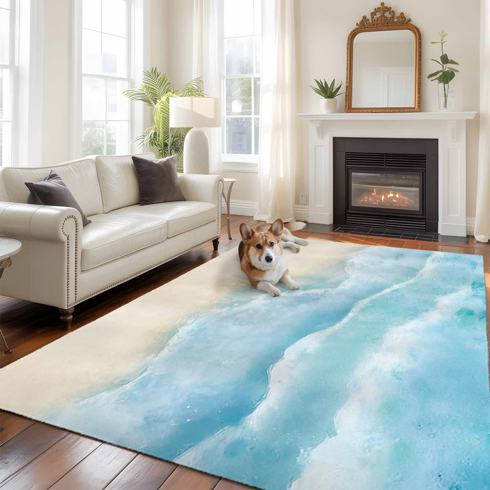 8x10 Area Rugs for Living Room, Blue Beige Non Slip Area Rugs for Kitchen Bedroom Entryway, Summer Beach Washable Carpet Runner Rug Floor Mats for Bedroom Home Decor Coastal Nautical Ocean