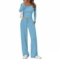 thumbnail image 4 of JGGSPWM Women's 2 Piece Outfits Solid Color Long Sleeve Square Neck Crop Tops Wide Leg Tracksuits Casual Lounge Set Blue XL, 4 of 9