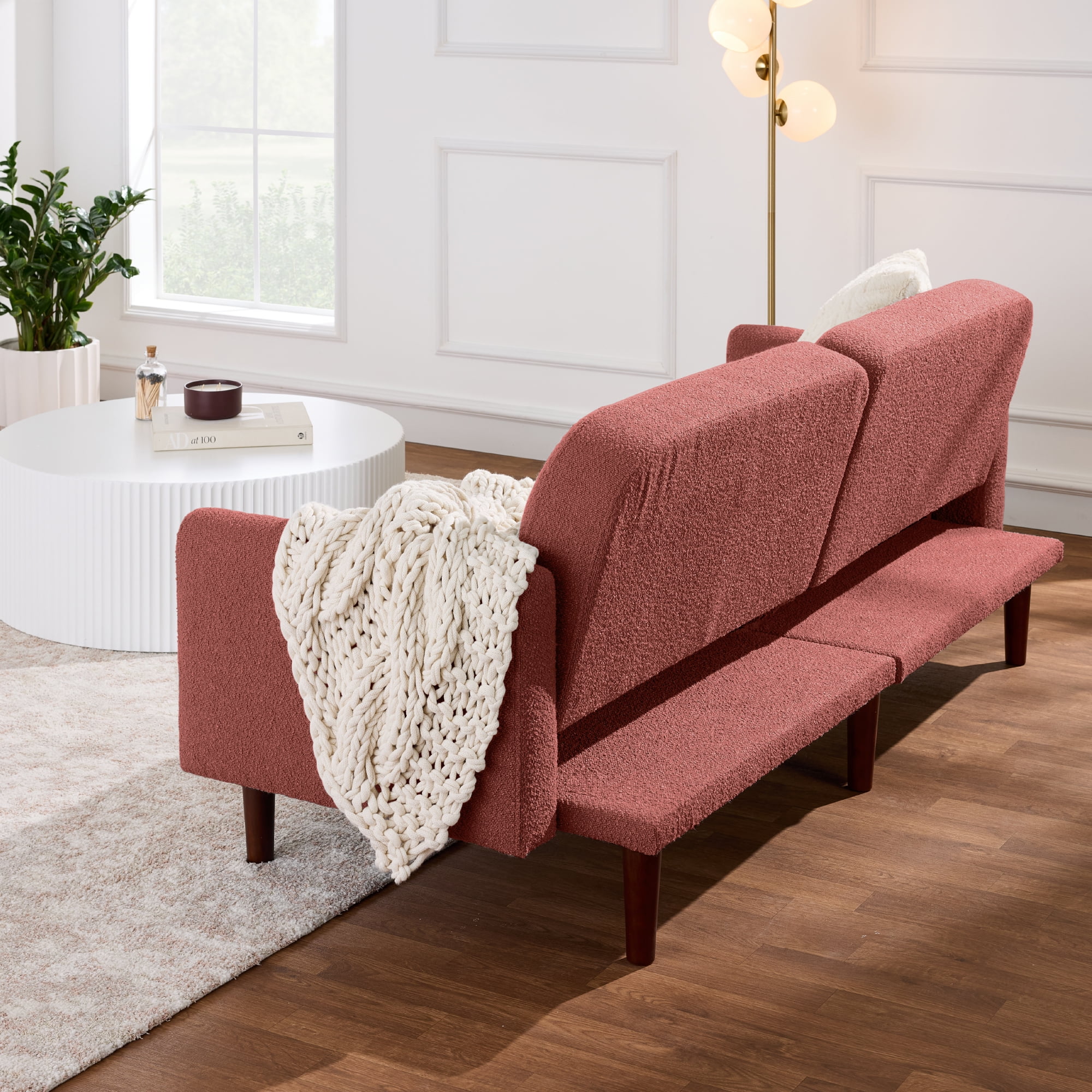 Best Choice Products Curved Convertible Futon, Boucle Fabric Split-Back Sleeper Bed - Mauve