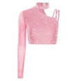 thumbnail image 1 of Kaerm Womens Shiny Rhinestone Dance Top Asymmetrical Shoulder Long Sleeve Figure Skating Costume Crop Top Pink S, 1 of 5