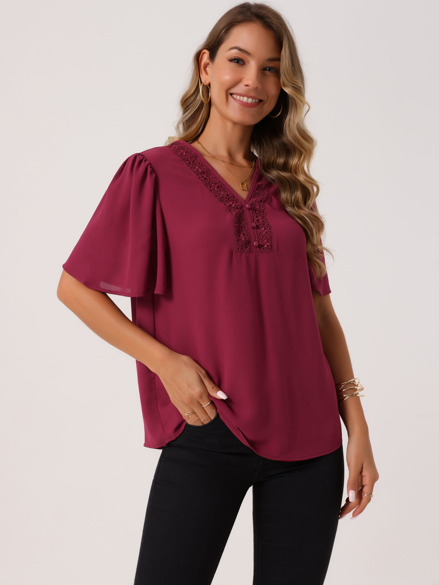 DARING DIVA Women's V Neck Short Sleeve Chiffon Casual Blouse XL Red