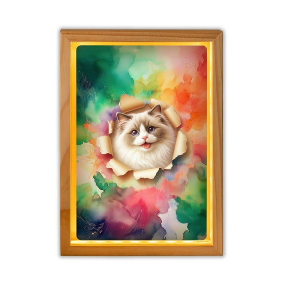 Funny Watercolor Adorable Ragdoll Peeking Through Torn Paper Effect Acrylic Plaque with Wood Photo Frame Box Cat Lover Kitten Owner Gifts Idea Light Box - 00026