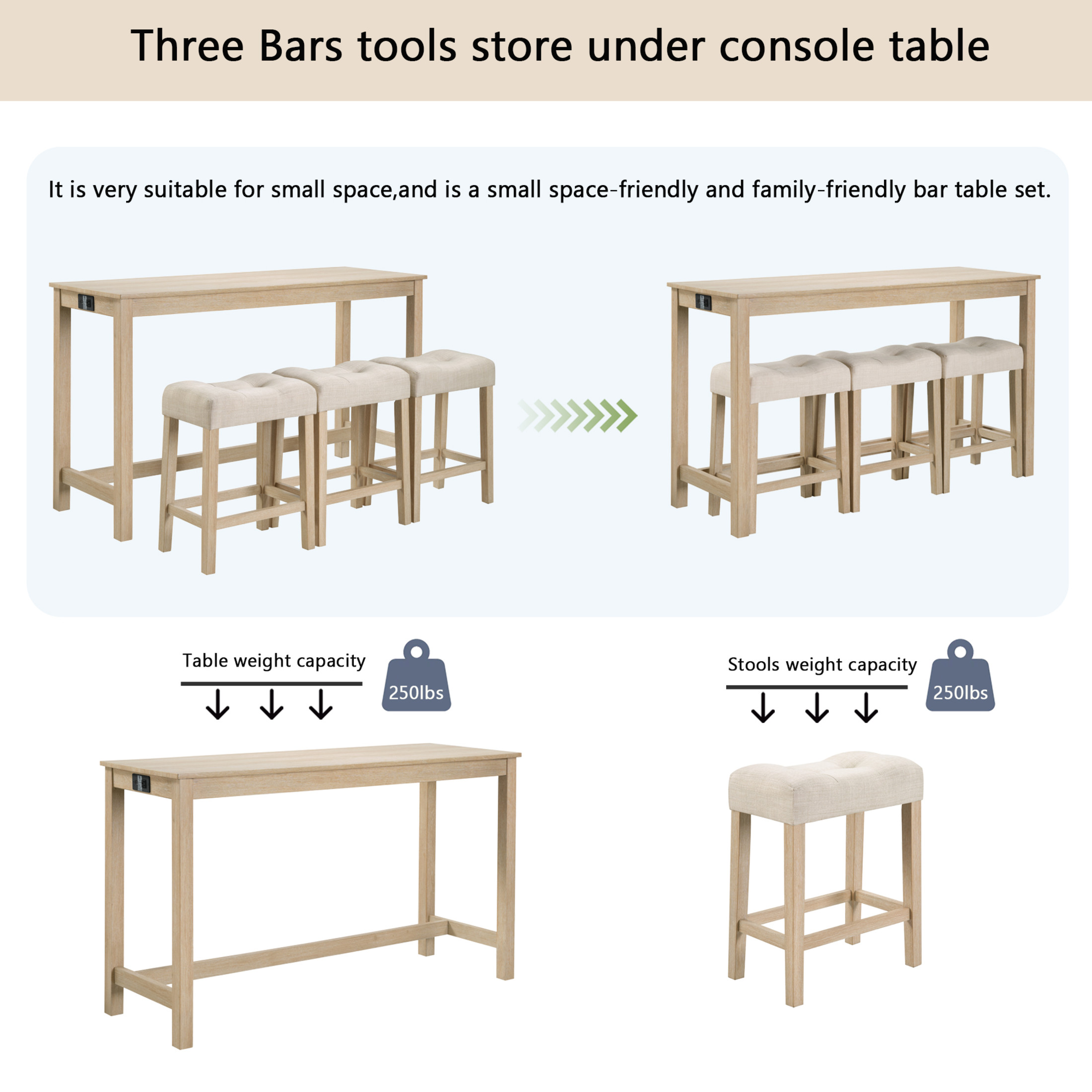 Noble House 35.5"H Dining Bar Table Set with Power Outlet, Upholstered Counter Stools for 3, Light Oak Finish