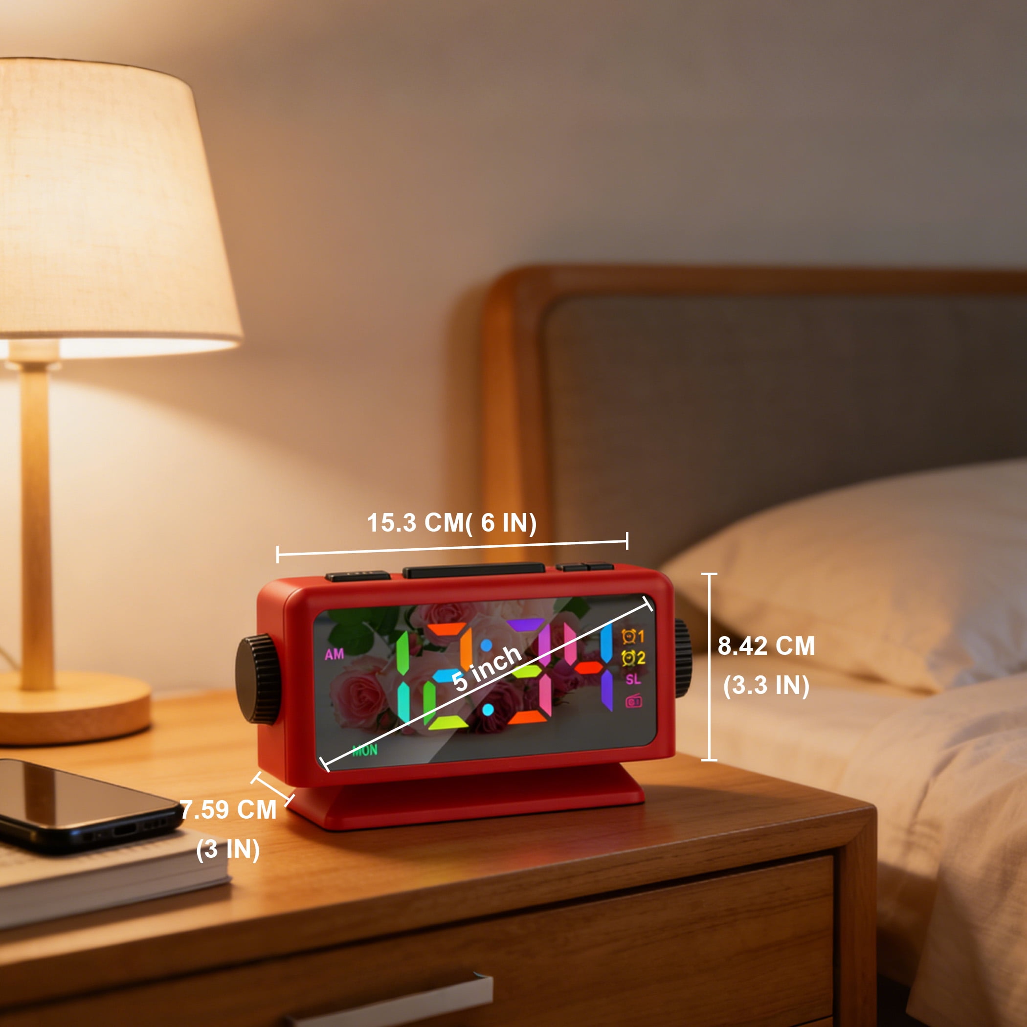 GJX Digital Desk Clock,Large Screen Display Bedside Clock,Multifunctional Alarm Clocks for Bedrooms,Calendar Radio,RGB Colorful Mirror,Dual Alarms,Snooze Function 5-60 min,12 Level Volume,12/24H