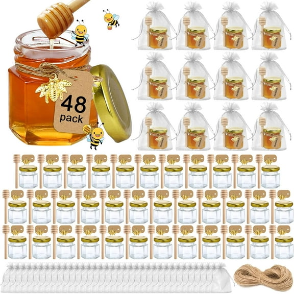 CozyNestFinds 48 Pack Mini Honey Jars Party Favors in Bulk,1.5 oz Small Hexagon Glass Honey Jars with Dippers,Gold Lids,Bee Charms,Gift Bags and Jute-Great for Baby Showers,Weddings&Birthdays