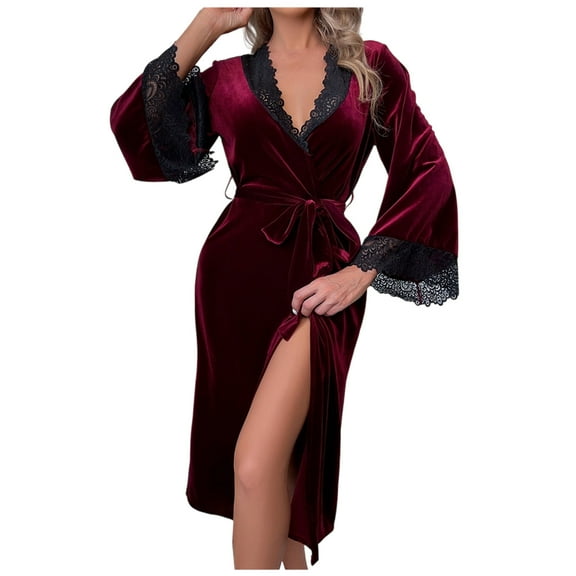 Fengactive Women's Sexy Long Robes Comfy Lace Trim V-Neck Bathrobes Sleepwear Elegant Wedding Party Dressing Gown