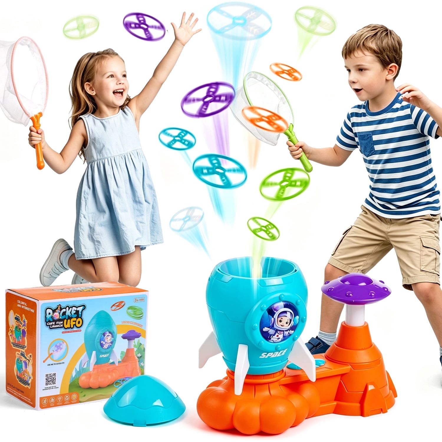 Zacro Outdoor Toys for Kids, Rocket Launcher Toys Flying Disc Games with 1 Rocket Launcher, 12 Flying Discs and 2 Nets, Outside Chasing Catching Game Toys Gift for Boys Girls Age 3+