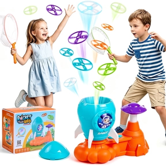Zacro Outdoor Toys for Kids, Rocket Launcher Toys Flying Disc Games with 1 Rocket Launcher, 12 Flying Discs and 2 Nets, Outside Chasing Catching Game Toys Gift for Boys Girls Age 3