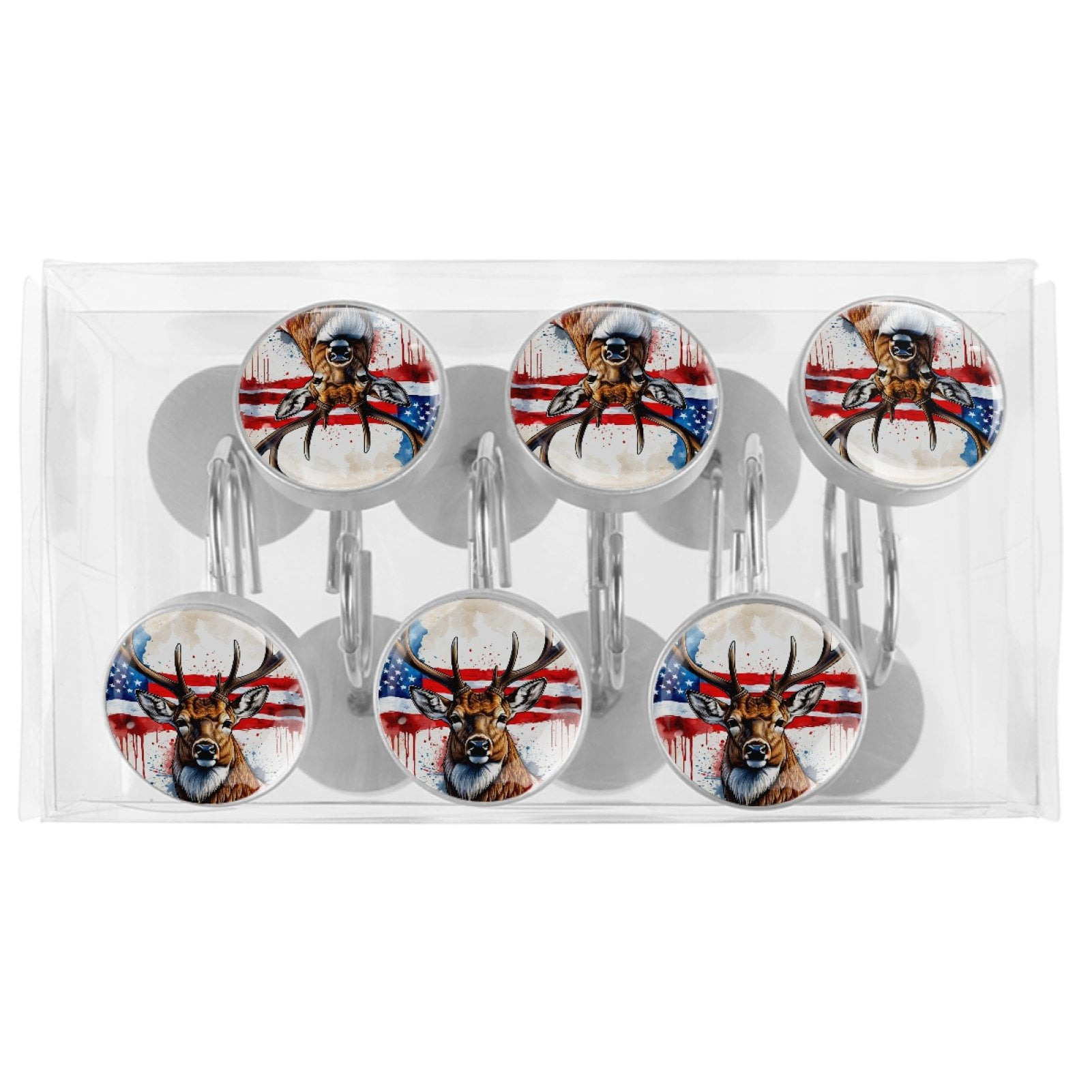 Deer and American Flag Shower Curtain Hooks （Set of 12） for Home Hotel Shower Rods Bathroom Crystal Glass Print Stainless Steel Round Curtain Hooks