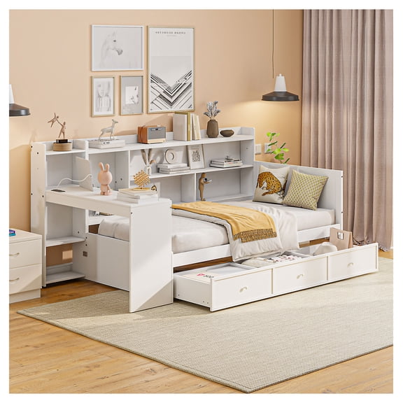 Twin Wooden Daybed w/3 Drawers, Desk & USB Ports, White