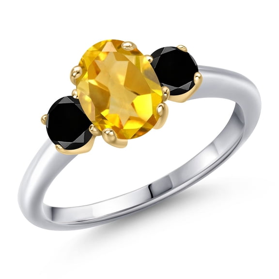 Gem Stone King 10K Two Tone Gold Yellow Citrine and Black Diamond Engagement Ring for Women | 1.84 Cttw | Oval 8X6MM | Gemstone November Birthstone | Size 5