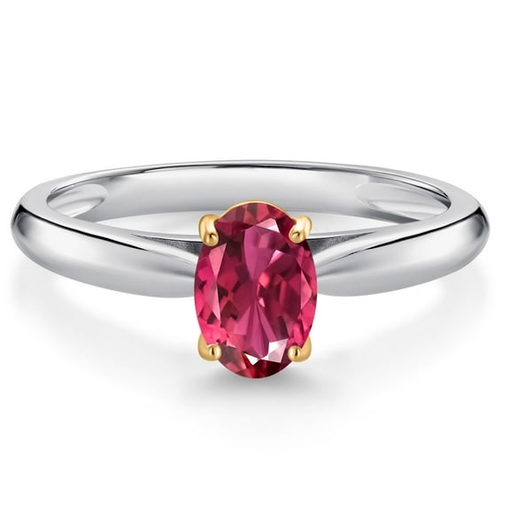 Gem Stone King 10K White and Yellow Gold Pink Tourmaline Solitaire Engagement Ring for Women (0.85 Cttw, Oval 7X5MM, Gemstone October Birthstone, Size 9)