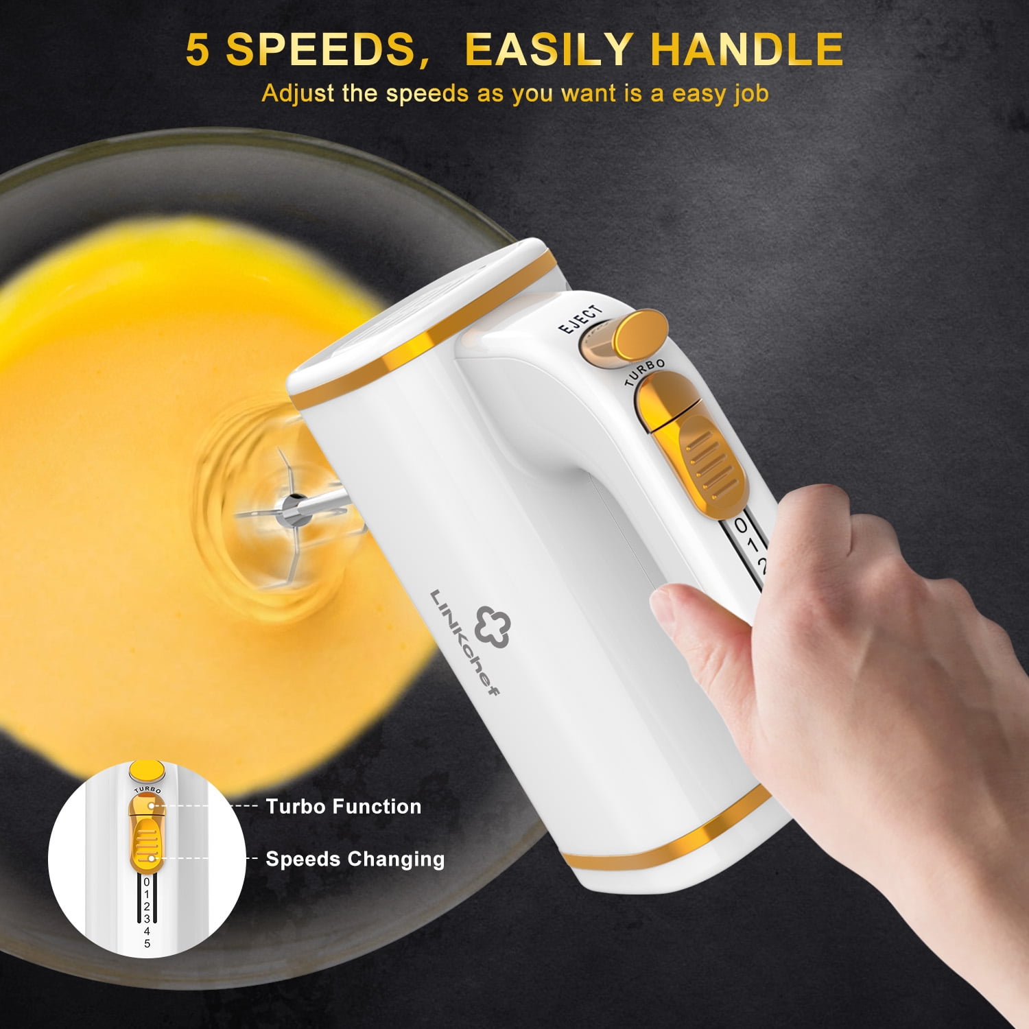 LINKChef Electric Hand Mixer, 5 Speed & Turbo Electric Mixer, Mixers for Kitchen (White)