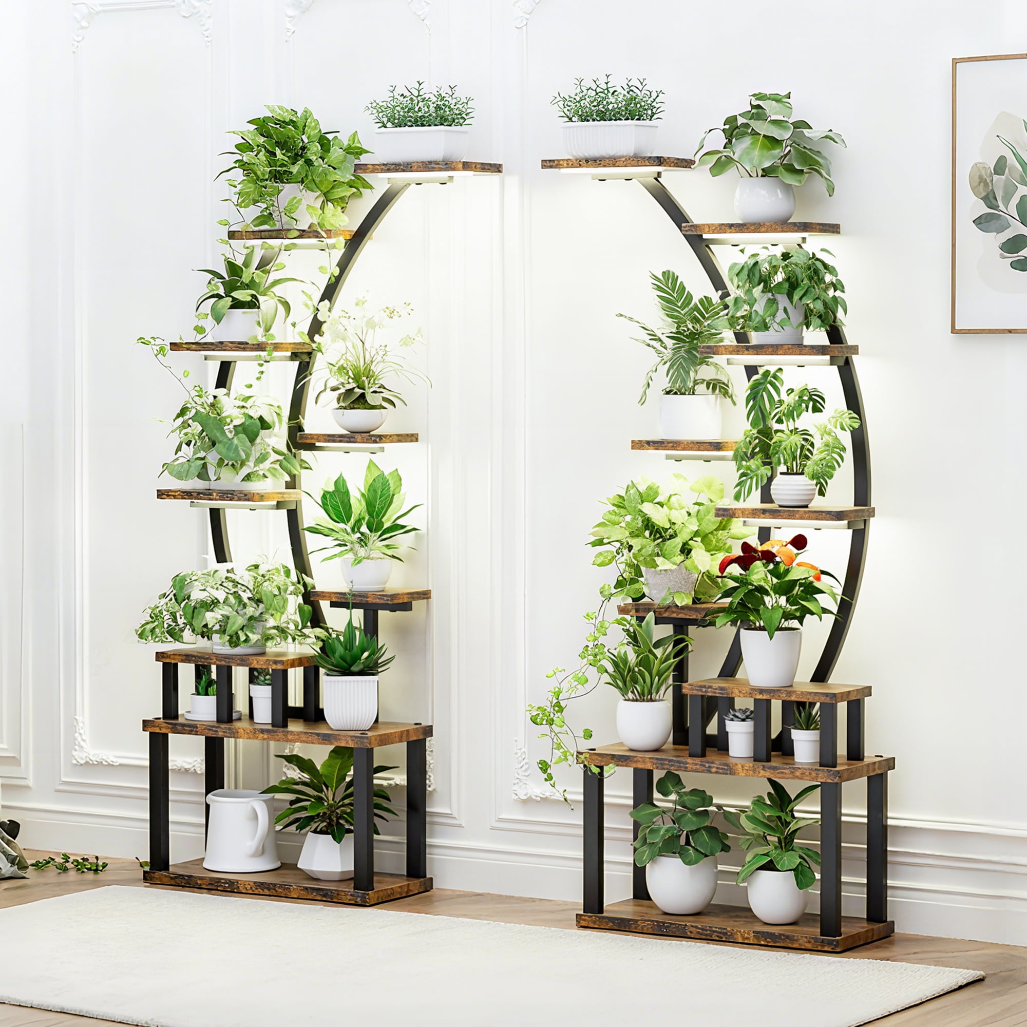 Aukfa 9-Tier Plant Stand with Full Spectrum Grow Lights & Timer, 63" Heavy Duty Tall Indoor Metal Plant Shelf, 2-Pack, Rustic Brown