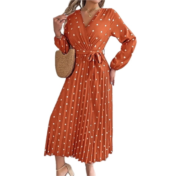 Women's Tied Polka Dot Long Sleeve Midi Dress 100% Polyester Sheer Bodice Not Lined Elegant Versatile Day to Night
