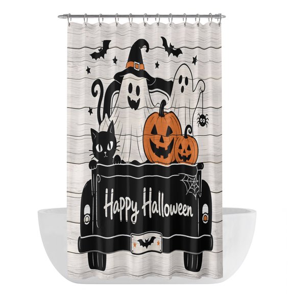 Halloween Shower Curtain - Water Repellent Fabric Shower Curtains Washable, Funny Ghost Pumpkins Black Cat Truck Wooden Decorative Polyester Cloth Bathroom Curtains Modern Bath Decor 36"x72"