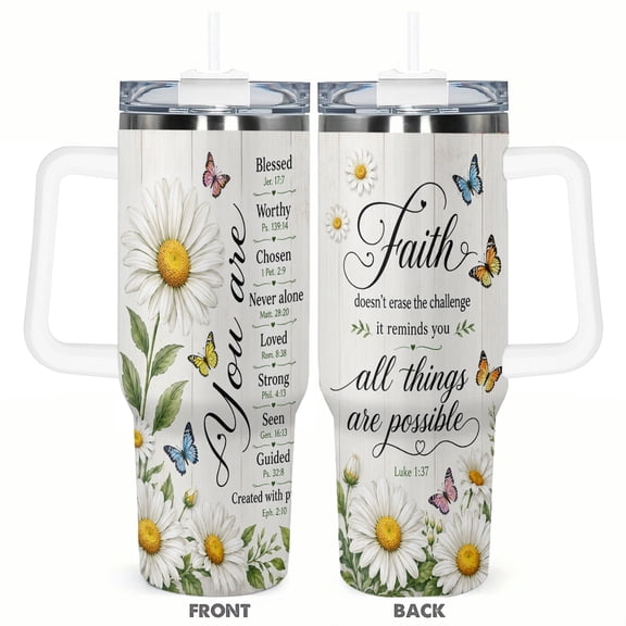 40oz Christian Faith Tumbler with Handle and Straw Daisy Butterfly Inspirational Stainless Steel Insulated Travel Coffee Cup Gift