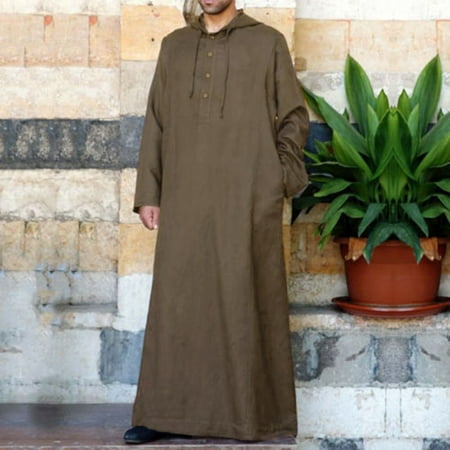 

WNG Men s Casual Solid Hooded Robe Long Sleeve Button Pocket Jubba Thobe