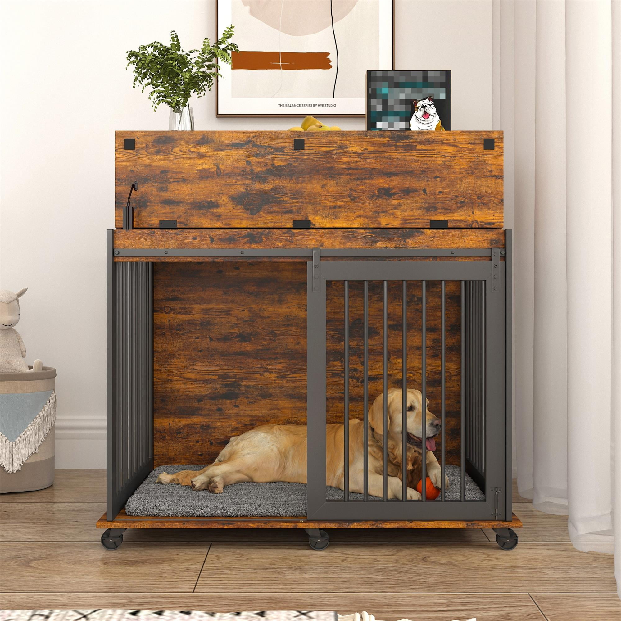 Pefilos 43" Heavy Duty Dog Crate with Cabinet, Furniture Style Dog Cage Sliding Frame Iron Door with Wheels, Mat, Dog House for Indoor Dogs, Brown Pefilos 43" Heavy Duty Dog Crate with Cabinet, Furniture Style Dog Cage Sliding Frame Iron Door with Wheels, Mat, Dog House for Indoor Dogs, Brown
