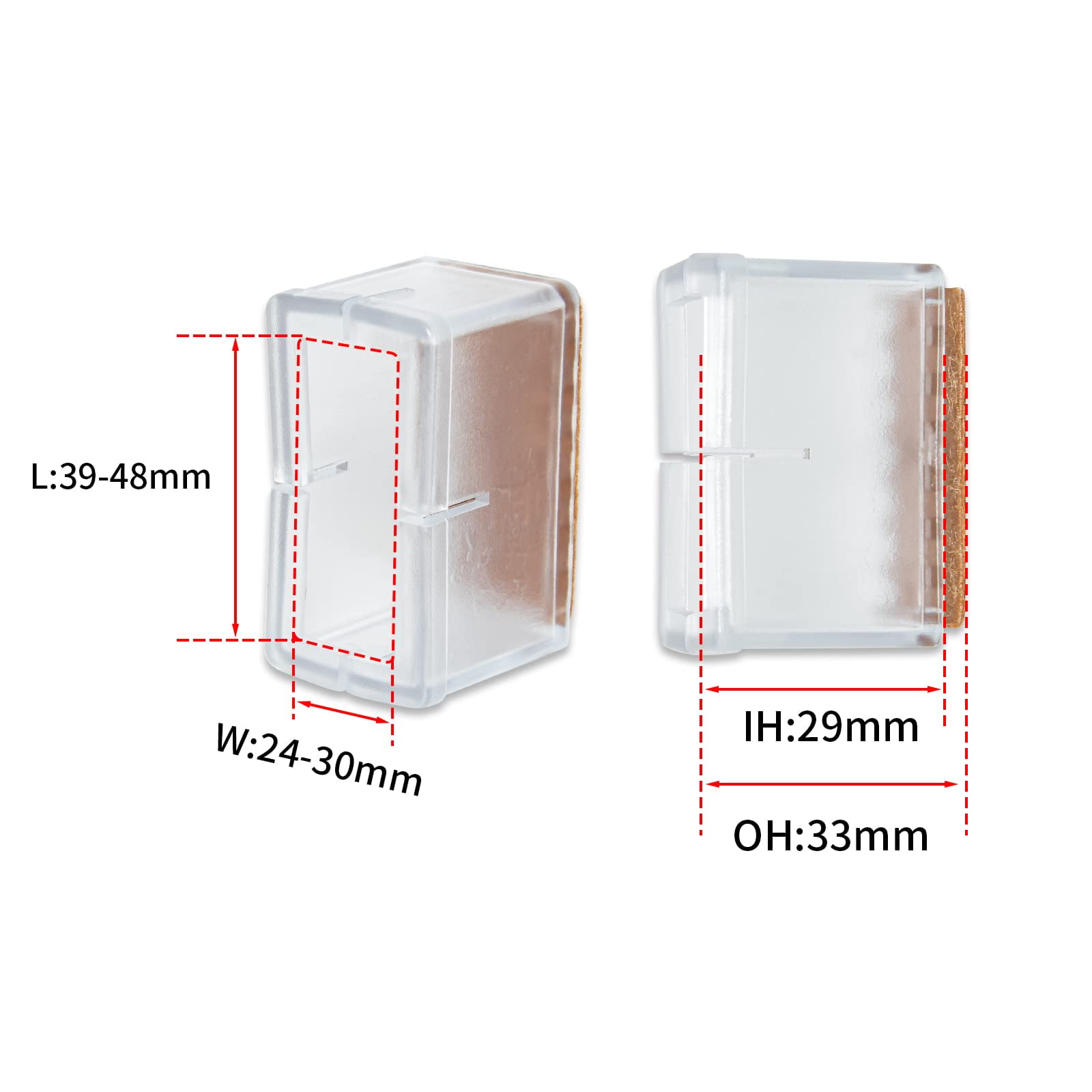 Flyshop 12 Pieces Transparent PVC Rectangle Chair Leg Caps Furniture Table Feet Covers Felt Pads for Hardwood Floor Protector, Fit Length 39 to 48 mm, Width 24 to 30 mm