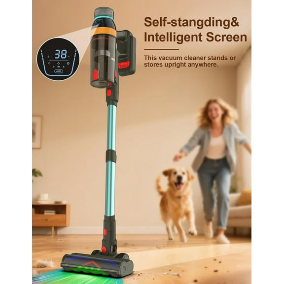 Cordless Vacuum Cleaner, 550W/45KPa Strong Suction for Home/Carpet/Pet Hair/Floor - 3 Suction Modes, Smart Screen&Headlight, Self-Standing, Removable Battery, Lightweight