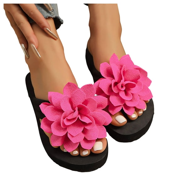 Women's Flower Flip Flops Boho Open Toe Slip On Platform Sandals Lightweight Beach Sandal Vacation Slippers Pink Size 8.5