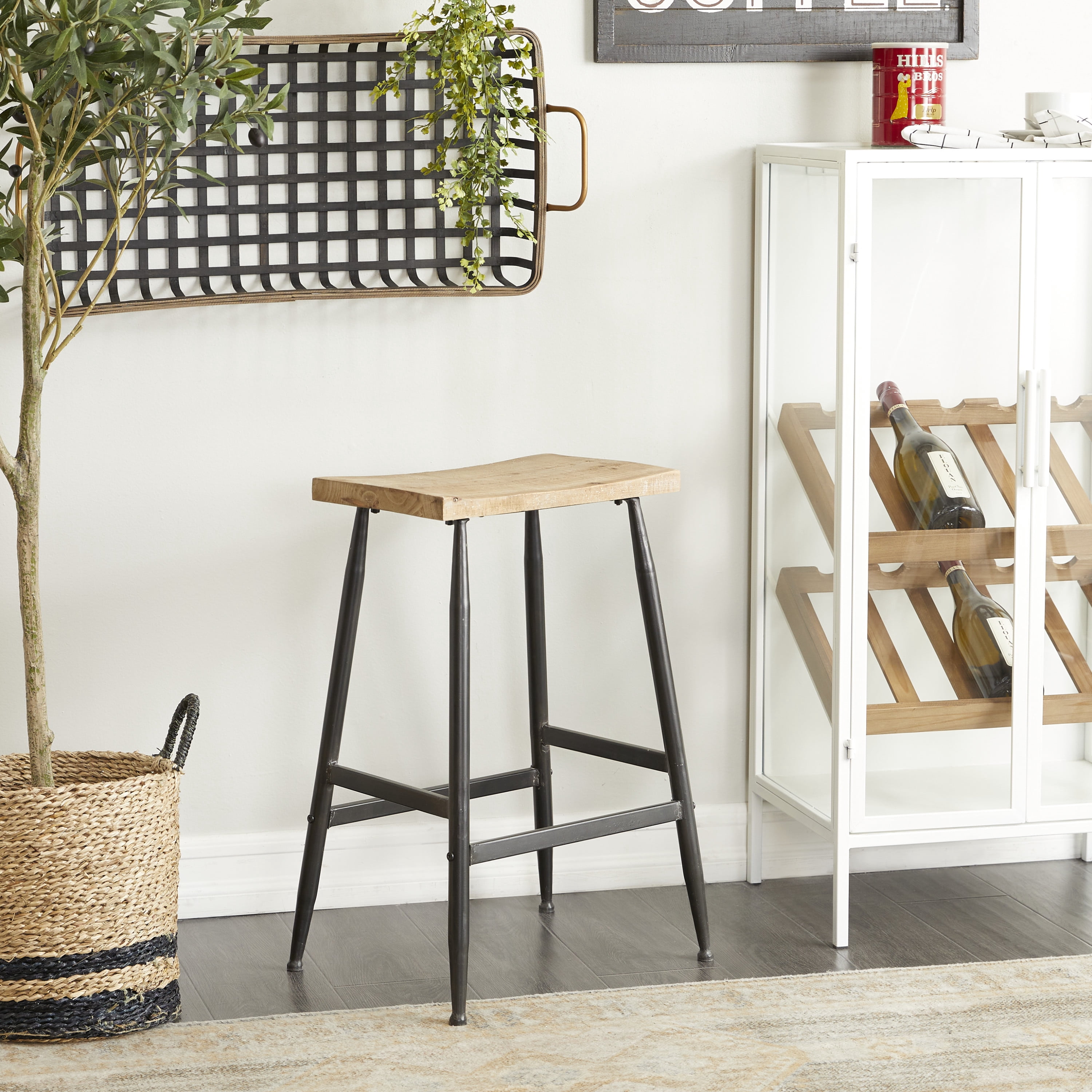 DecMode 18" x 25" Black Metal Counter Stool with Brown Wood Top, 1-Piece