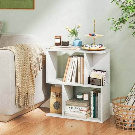 Costway 1 PCS 3-Tier Bookshelf Geometric Bookcase Side Table with Open Storage Display Shelf - White