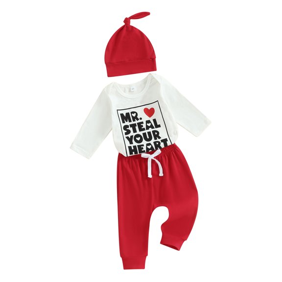 Baby Boys Pants Set, 3 6 12 18M Long Sleeve Crew Neck Letters Print Romper with Sweatpants and Hat Valentines Day Outfit