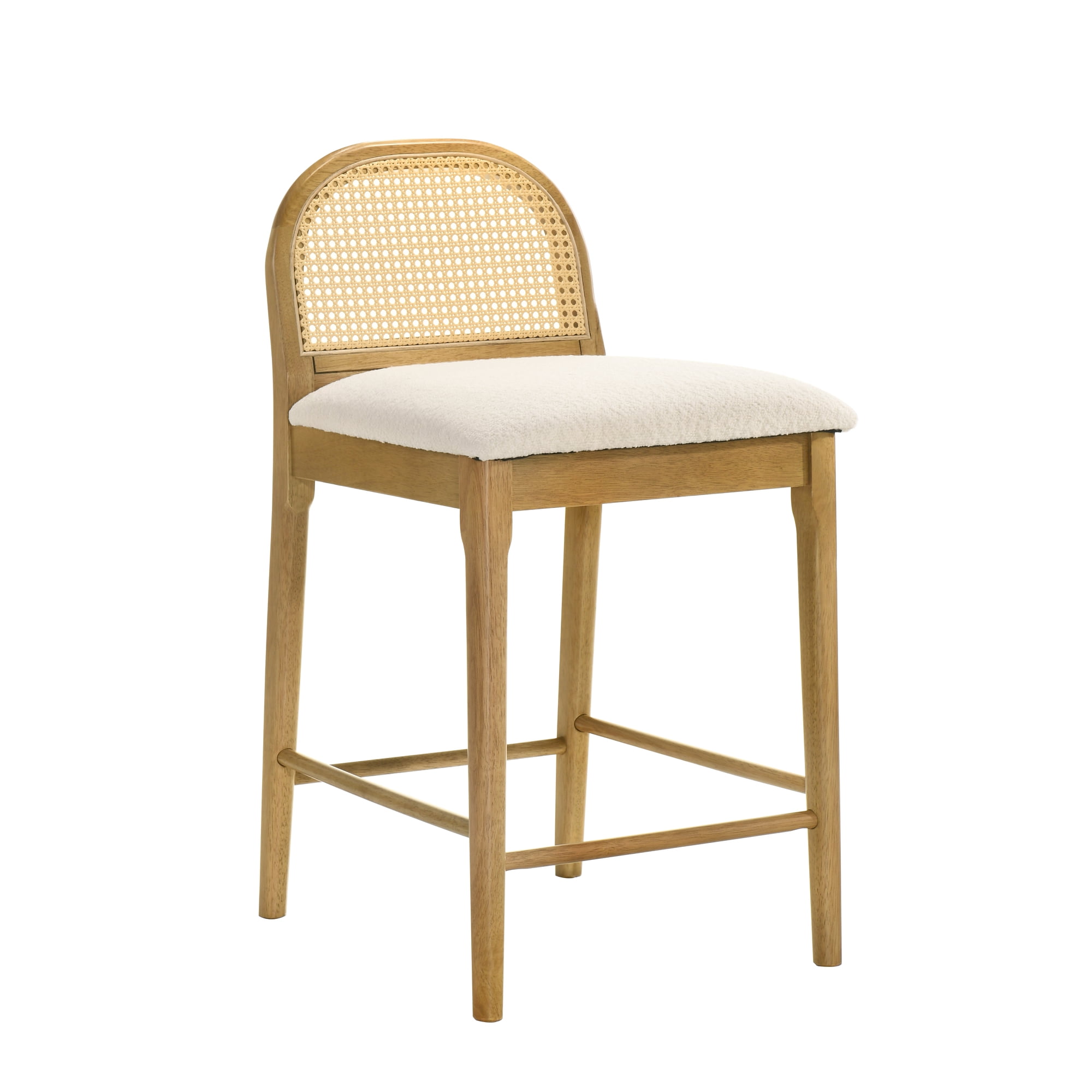Lucio Modern Farmhouse Wood Counter Height Kitchen Bar Stool in Amber Glow Finish with White Boucle Fabric Upholstered Seat - Set of 2