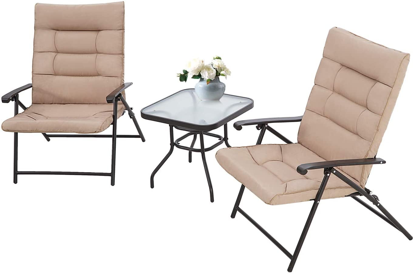 SOLAURA Patio Furniture 3 Piece Folding Chair Adjustable Reclining Lounge Chair Metal Frame w/Glass-Top Coffee Table 2 Chairs and 1 Table 