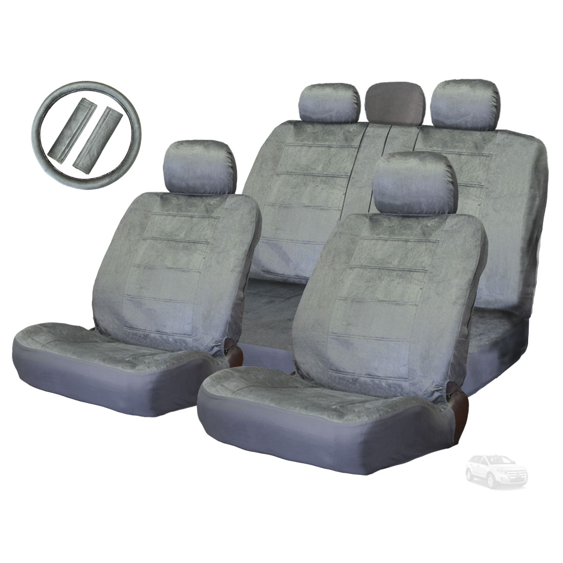 New Semi Custom Premium Grade Grey Velour Car Truck Seat and Steering Wheel Covers Full Set No Shipping Cost - image 1 of 4
