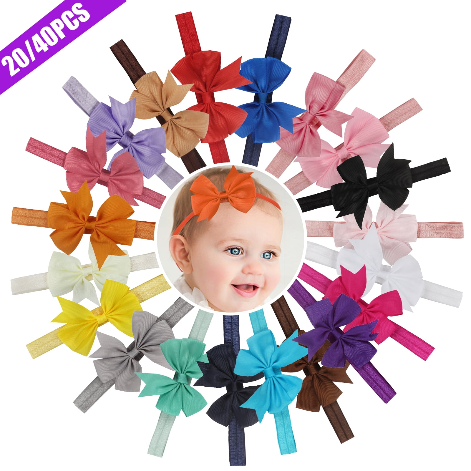 TSV 40/20Pcs Baby Hair Headbands, 12 Colors Newborn Infant Hair Bows Headbands, Elastic Turban