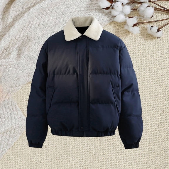 PiGOGI Men's Winter Jacket Warm Stand Collar Zipper Padded Quilted Coat Long Sleeve Casual Outdoor thermal Navy XL
