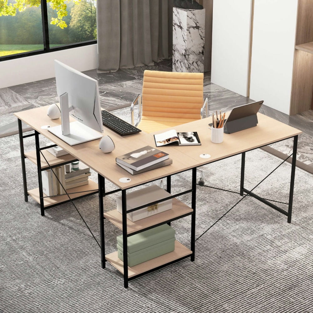 Demi Bonn L Shaped Computer Desk with 4 Storage Shelves and Cable Holes, Small Home Office Desk Study Writing Table, Natural