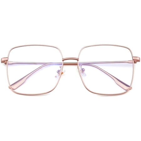 Blue Light Blocking Glasses Oversized Metal Square Non-Prescription Computer Glasses for Women and Men Kids (Pink)