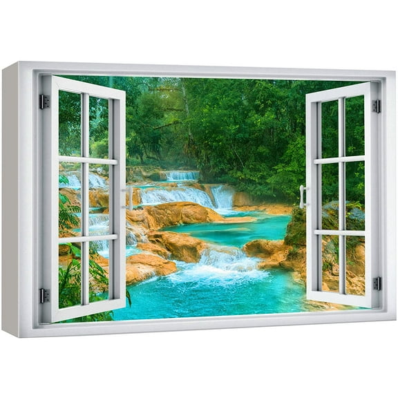 wall26 Canvas Print Wall Art Window View Neon Teal River Rapid Forest Lake Stream Wilderness Nature Photography Realism Scenic Landscape Colorful Multicolor for Living Room, Bedroom, Office - 32&quot