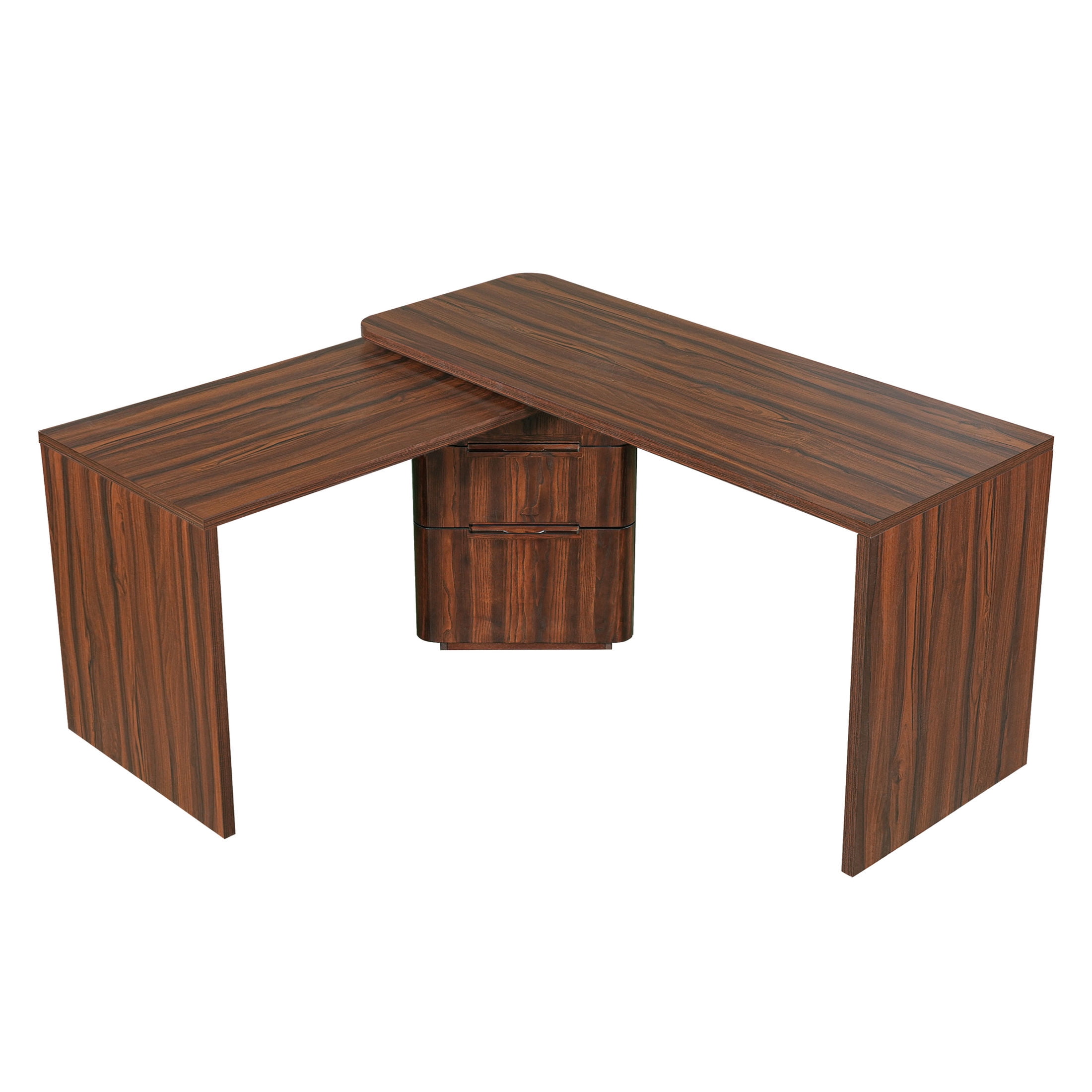 GDF Studio Morad 90" Modern 360° Rotating L-Shaped Executive Desk with Storage Drawers, Corner Workstation, Walnut