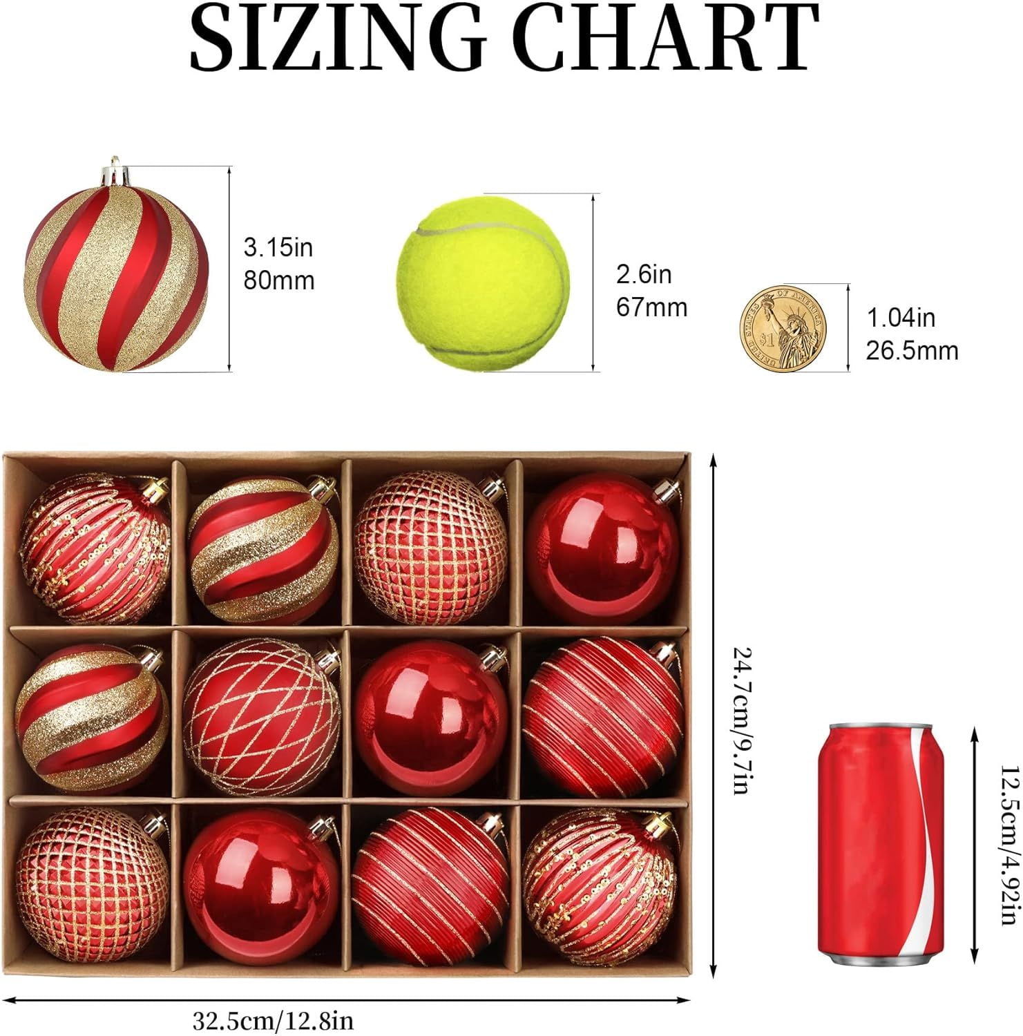 80mm Christmas Balls Ornaments,12PCS Colored Shatterproof Plastic Decorative Hanging Tree Decorations Baubles Set for Xmas Tree Decor Holiday Party Wedding Decoration with Lanyard