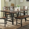 thumbnail image 3 of Vintage Style Dining Room 6pc Set Grooved Panel Table Bench 4 Side Chairs Oak Finish Metal Base Durable Furniture, 3 of 7
