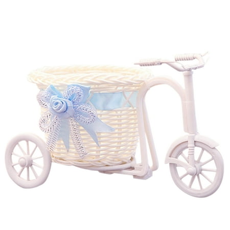 - Rattan Tricycle Bike Design Flower Basket Vase Storage Plant Stand Holder Party Decor (Blue)
