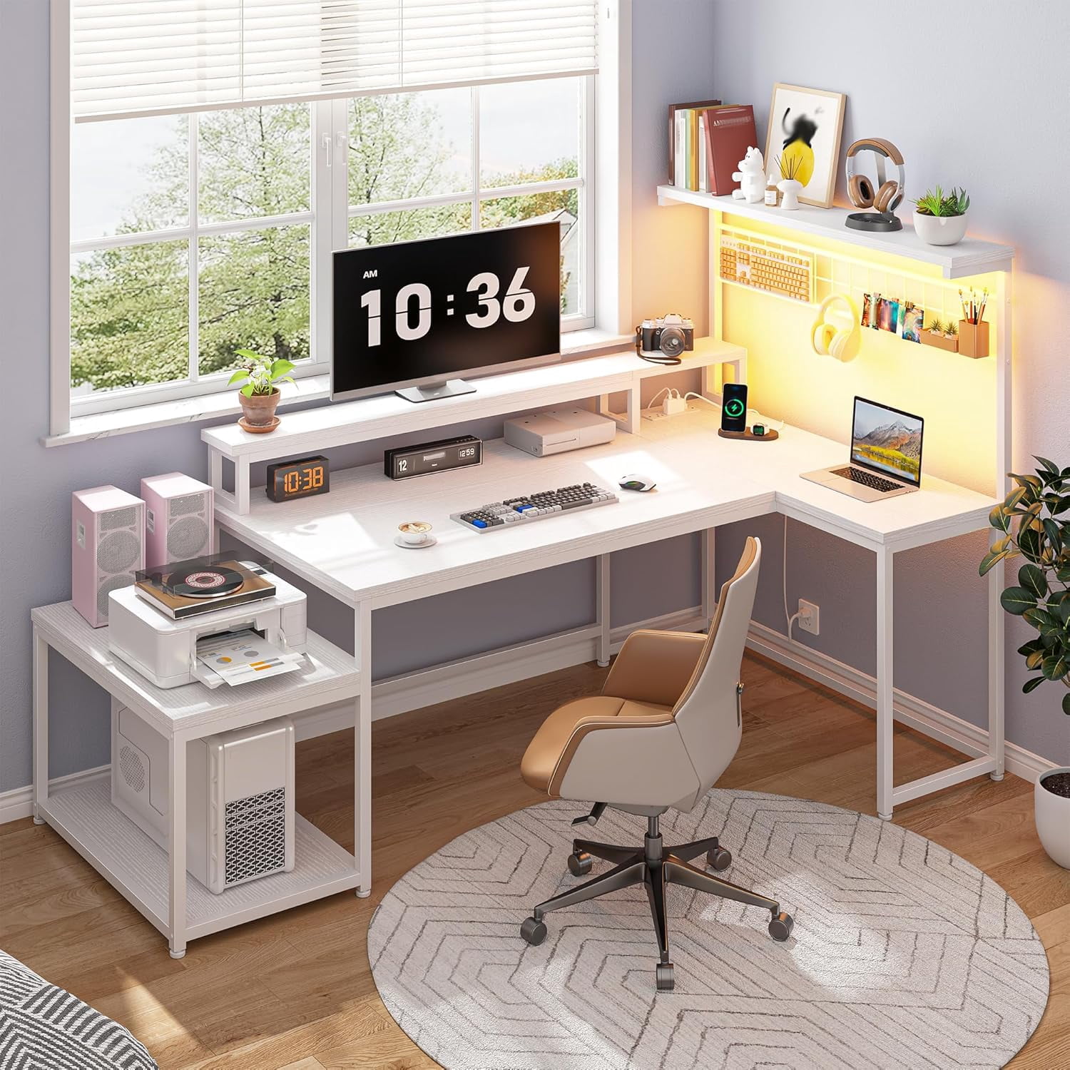 L Shaped Gaming Desk with Shelves & Hooks,56" Reversible Corner Gaming Table with LED Lights & Power Outlets,Computer Desk with Storage & Monitor Stand & Print Stand for Home Office,White