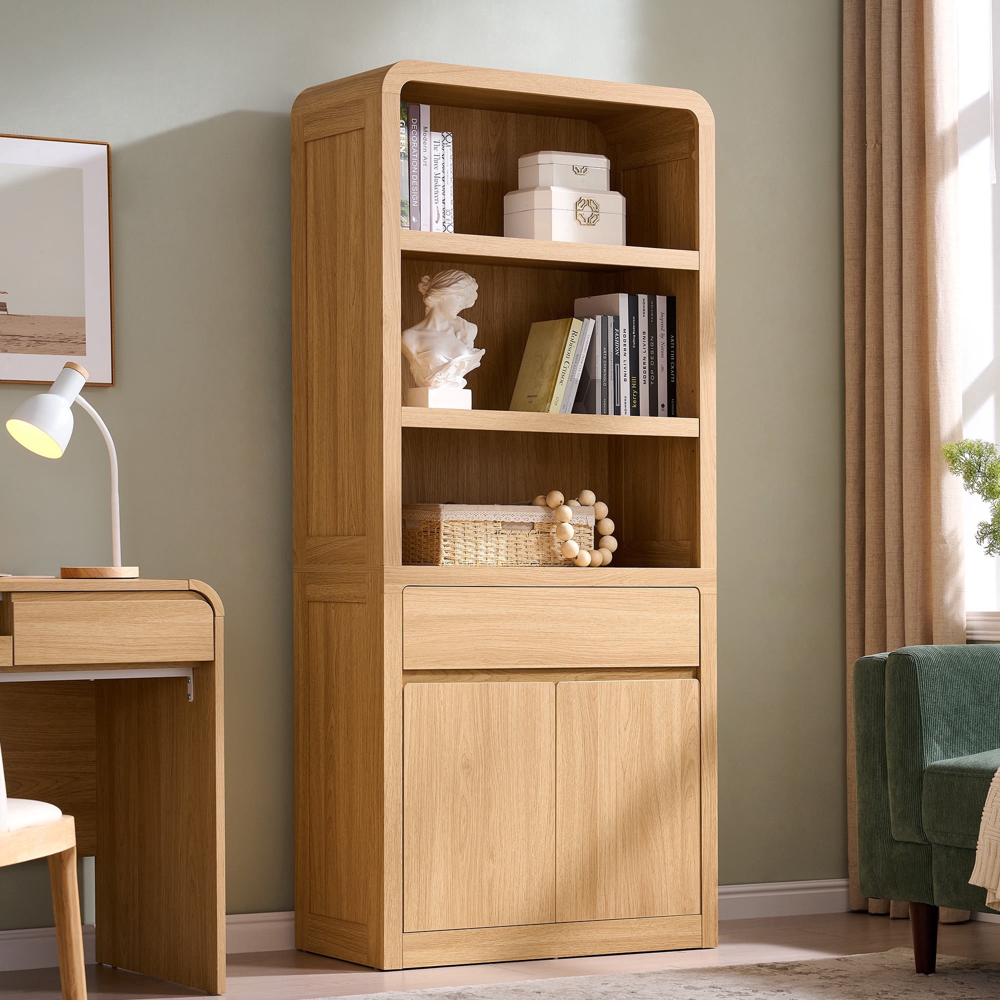 Aitjunz 72'' Tall Modern Bookshelf with Drawer, 5 -Tier Large Bookcase w/ Doors, Wooden Storage Cabinet w/ Adjustable Shelves & Cured Profile Design for Living Room, Study Room and Office